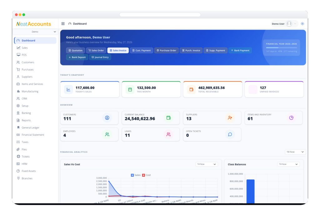 NeatAccounts dashboard showing cash, sales and stock